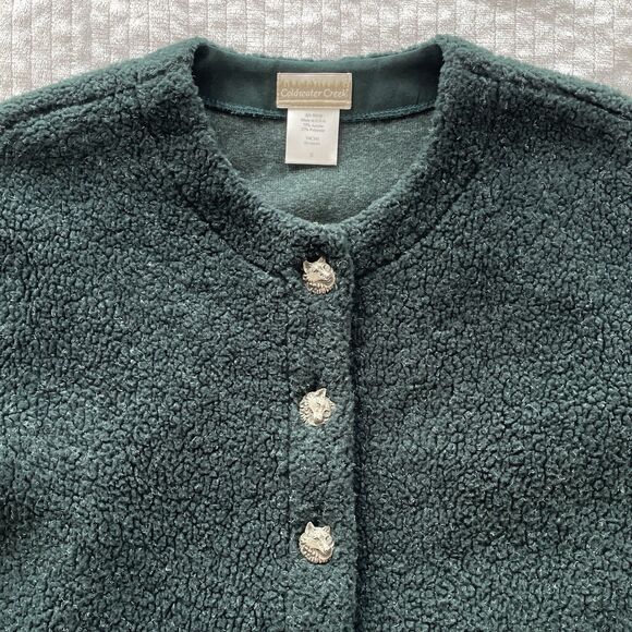 90s Vintage Coldwater Creek Green Sherpa Cardigan Jacket Wolf Buttons Womens S - Picture 3 of 11